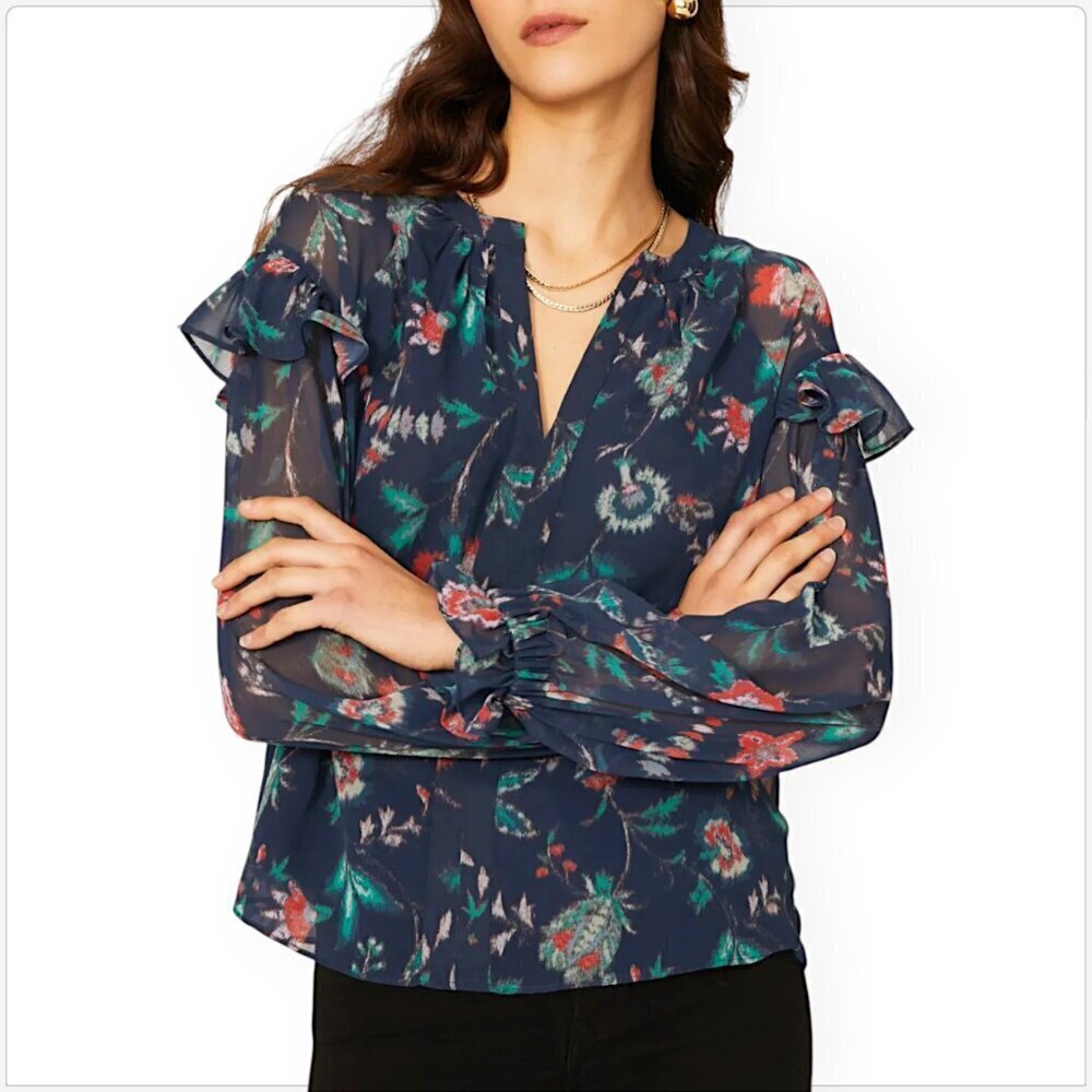 Derek Lam Collective Blue Floral Chiffon Ruffle Long Sleeve Blouse Top RTR 40